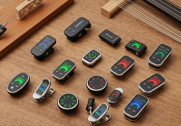 A collection of diverse clip-on tuners on a wooden surface.