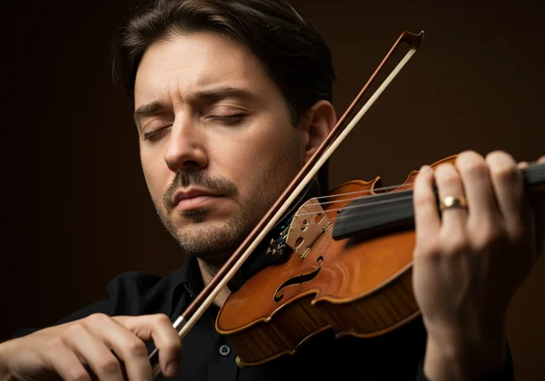 Professional violinist intently listening while tuning by ear.