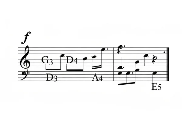 Treble clef staff with G3, D4, A4, E5 notes marked clearly
