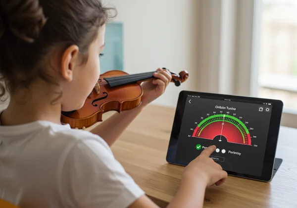 Child confidently using an online violin tuner on a tablet