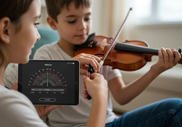 Parent and child using an online tuner to tune a violin