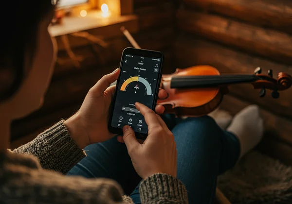 Person using app to tune violin in remote, no-wifi setting