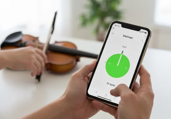 Online violin tuner on a phone with a violin nearby.