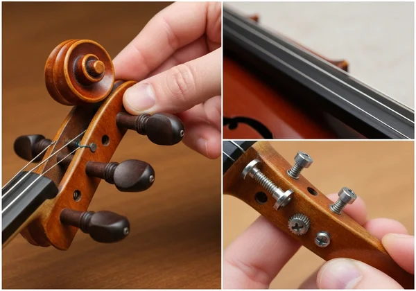 Close-up of violin pegs and fine tuners for tuning.