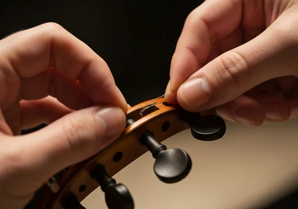 Hands installing a new violin string into pegbox