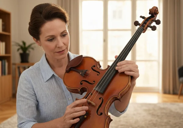 Person inspecting old violin strings for wear