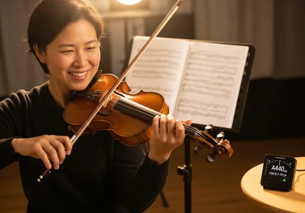 Happy violinist playing, clear sheet music, digital tuner