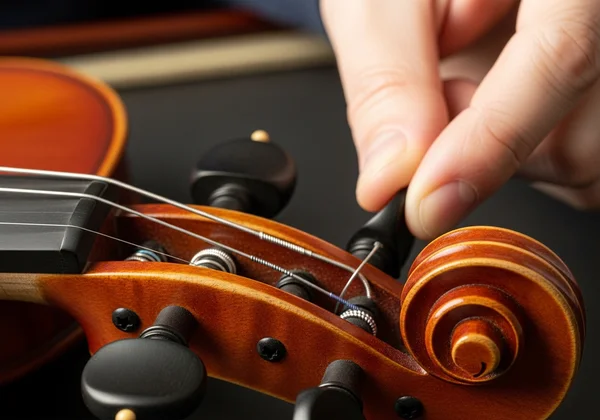 Close-up of violin pegbox and tuning pegs