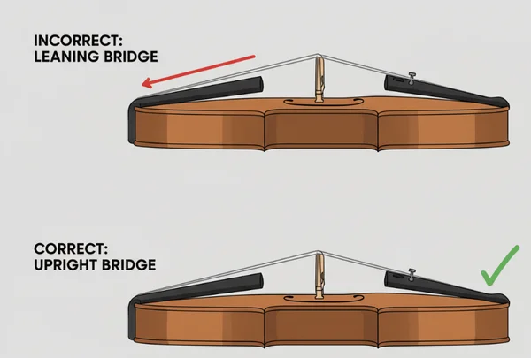 Violin bridge leaning and correctly angled